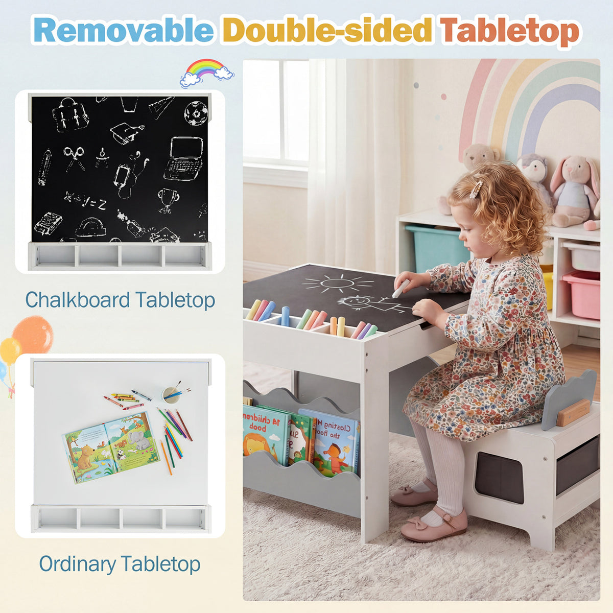 Multi-purpose Activity Kids Table and Chairs Set with Double-sided Tabletop-Gray