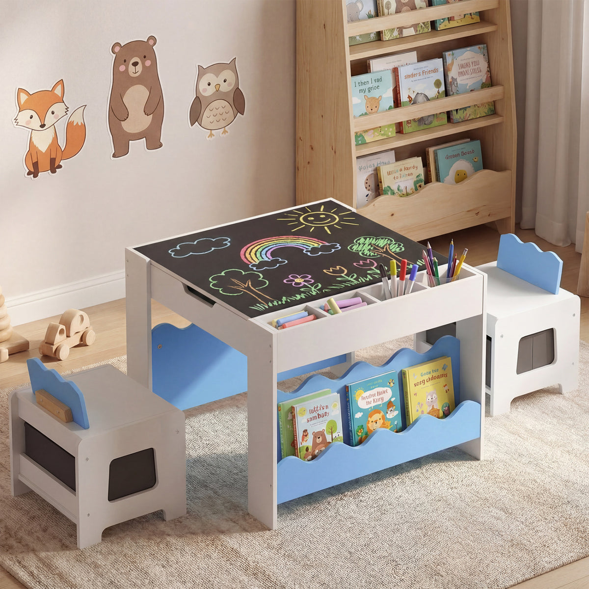 Multi-purpose Activity Kids Table and Chairs Set with Double-sided Tabletop-Blue