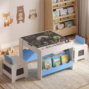 Multi-purpose Activity Kids Table and Chairs Set with Double-sided Tabletop-Blue