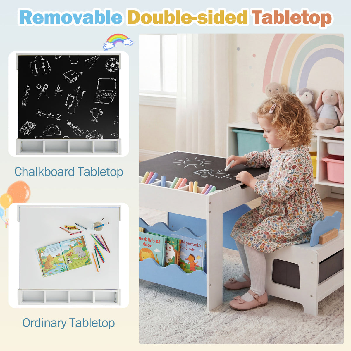 Multi-purpose Activity Kids Table and Chairs Set with Double-sided Tabletop-Blue