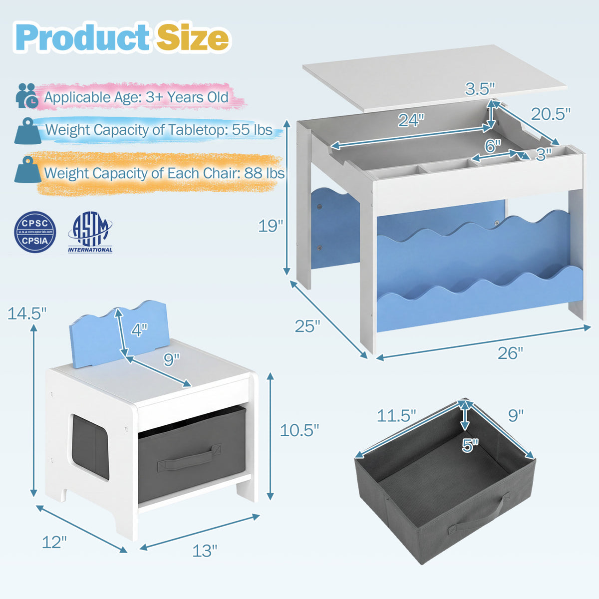 Multi-purpose Activity Kids Table and Chairs Set with Double-sided Tabletop-Blue