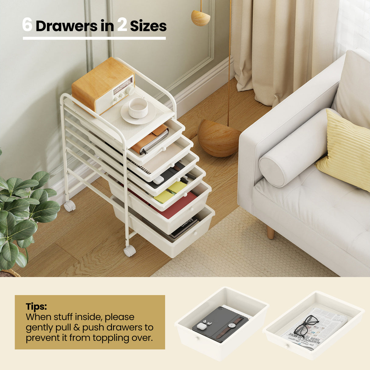 Multifunctional 6 Drawers Rolling Storage Cart Organizer-White