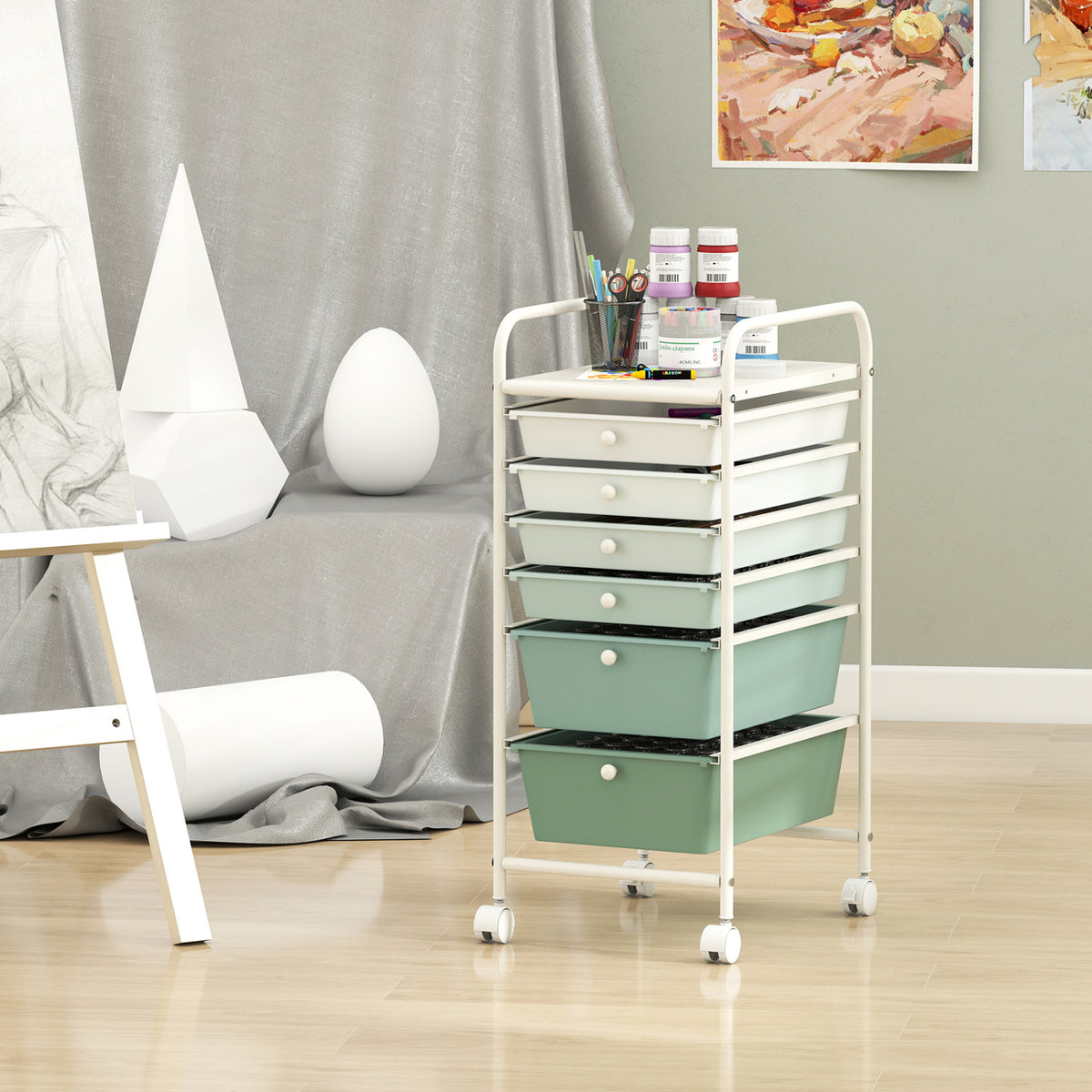Multifunctional 6 Drawers Rolling Storage Cart Organizer-Green Gradient