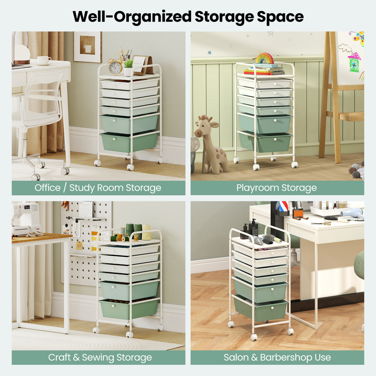 Multifunctional 6 Drawers Rolling Storage Cart Organizer-Green Gradient