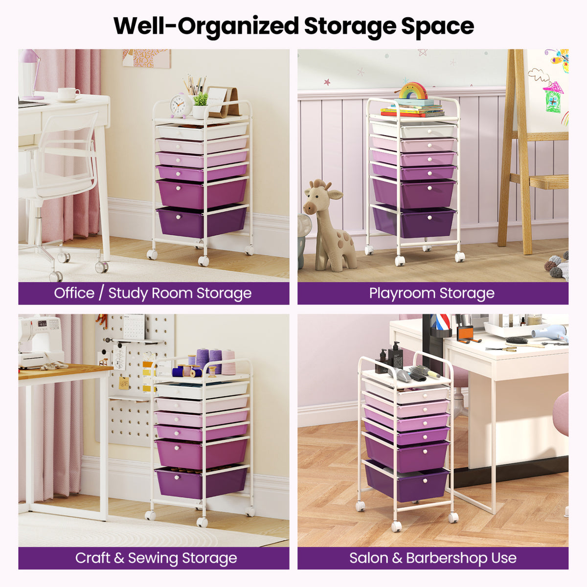 Multifunctional 6 Drawers Rolling Storage Cart Organizer-Purple Gradient