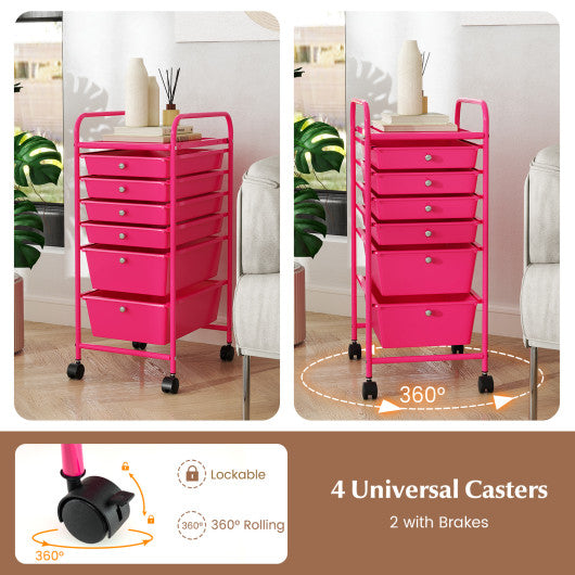 Multifunctional 6 Drawers Rolling Storage Cart Organizer-Rose Red