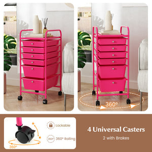 Multifunctional 6 Drawers Rolling Storage Cart Organizer-Rose Red