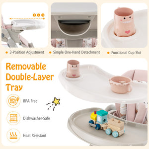 Multifunctional Folding Baby High Chair with Rolling Wheels and Adjustable Height-Pink