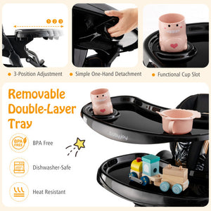 Multifunctional Folding Baby High Chair with Rolling Wheels and Adjustable Height-Black