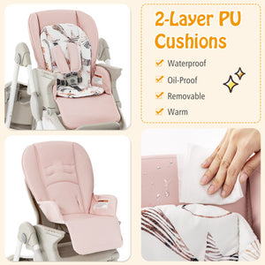 Multifunctional Folding Baby High Chair with Rolling Wheels and Adjustable Height-Pink