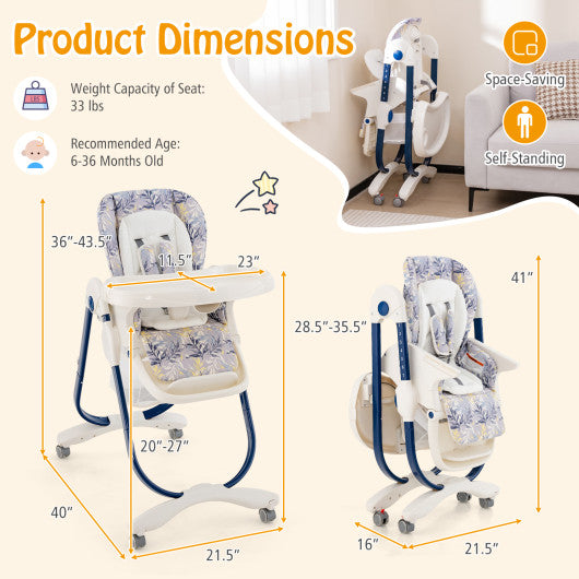 Multifunctional Folding Baby High Chair with Rolling Wheels and Adjustable Height-Navy