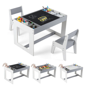 Multifunctional Kids Table and 2 Chairs Set with Chalkboard-Gray