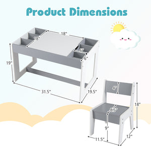 Multifunctional Kids Table and 2 Chairs Set with Chalkboard-Gray