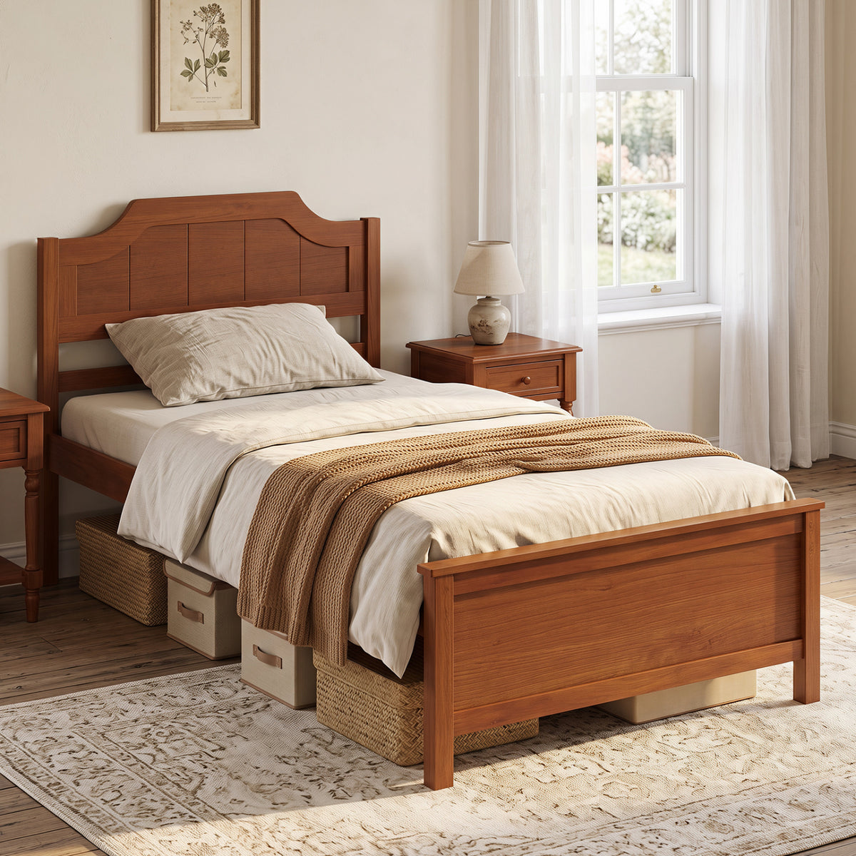 Multiple Size Solid Wood Platform Bed Frame with Headboard in Walnut-Twin Size