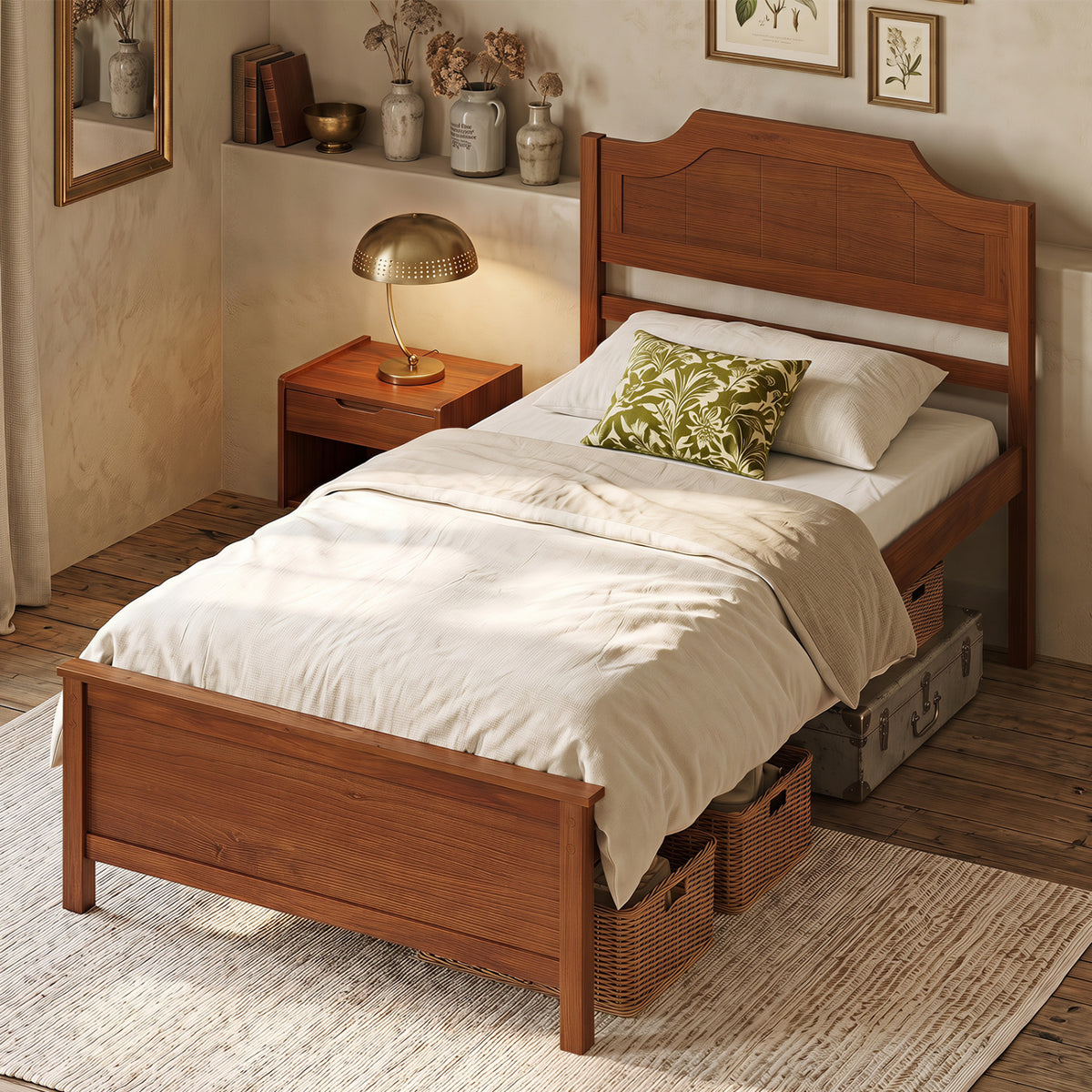 Multiple Size Solid Wood Platform Bed Frame with Headboard in Walnut-Twin Size