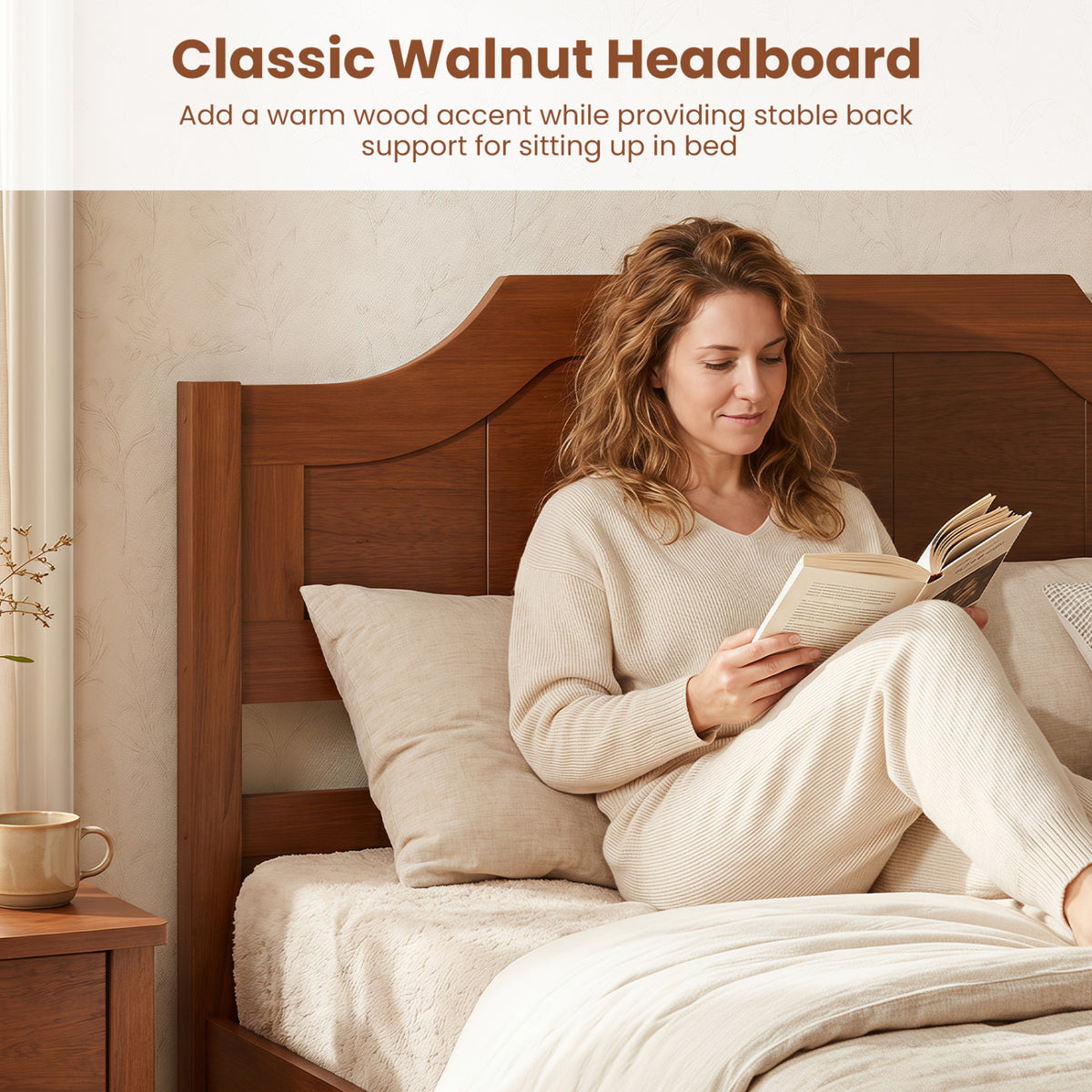 Multiple Size Solid Wood Platform Bed Frame with Headboard in Walnut-Twin Size