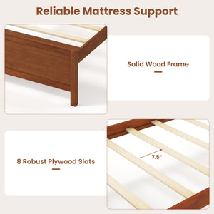 Multiple Size Solid Wood Platform Bed Frame with Headboard in Walnut-Twin Size
