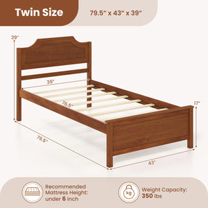 Multiple Size Solid Wood Platform Bed Frame with Headboard in Walnut-Twin Size