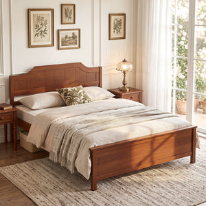 Multiple Size Solid Wood Platform Bed Frame with Headboard in Walnut-Full Size