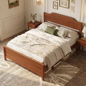 Multiple Size Solid Wood Platform Bed Frame with Headboard in Walnut-Full Size