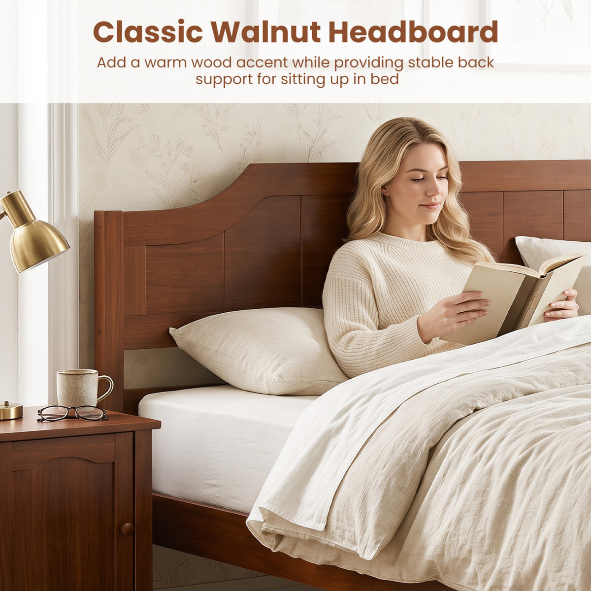 Multiple Size Solid Wood Platform Bed Frame with Headboard in Walnut-Full Size