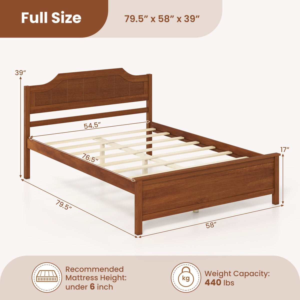 Multiple Size Solid Wood Platform Bed Frame with Headboard in Walnut-Full Size