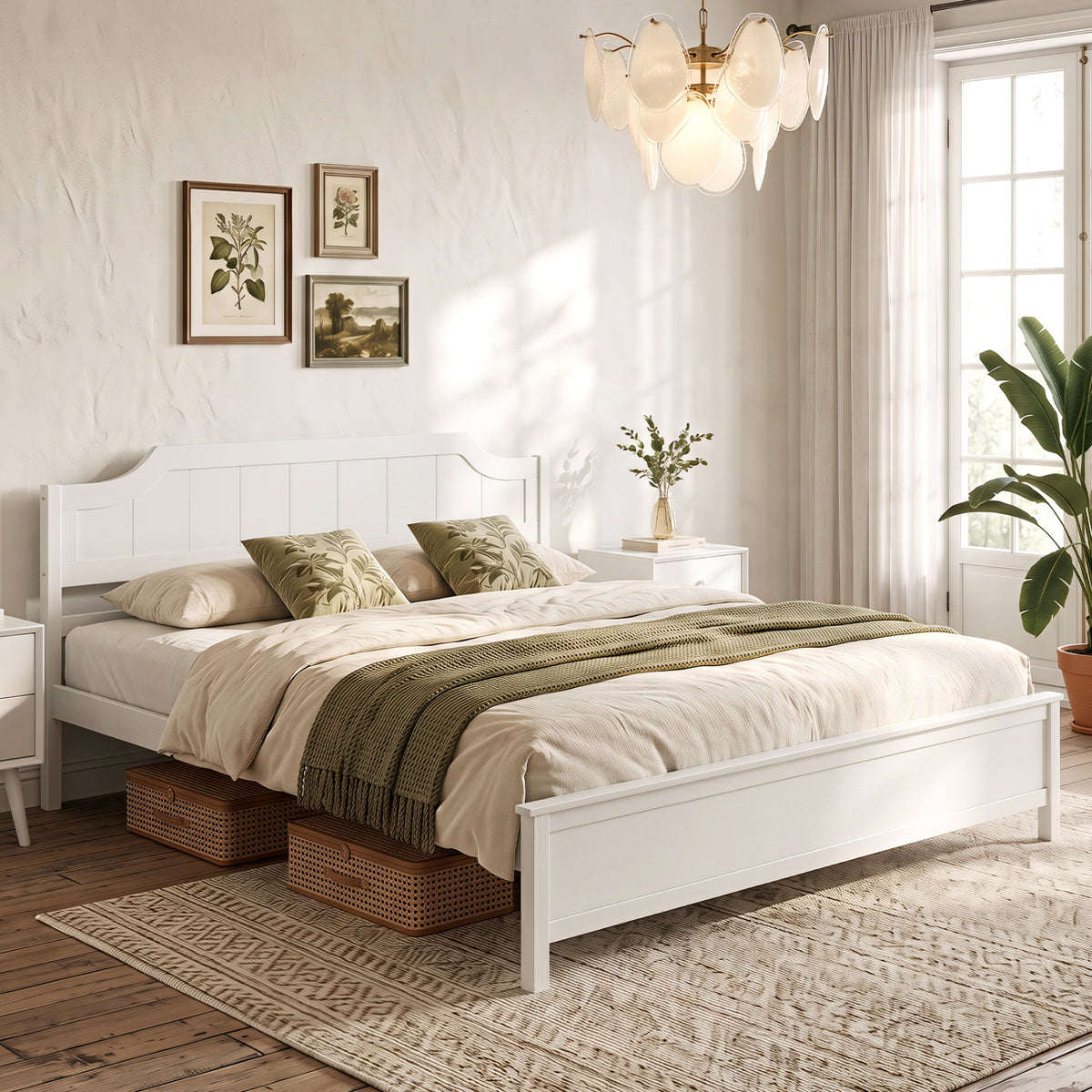 Multiple Size Solid Wood Platform Bed Frame with Headboard in White-King Size