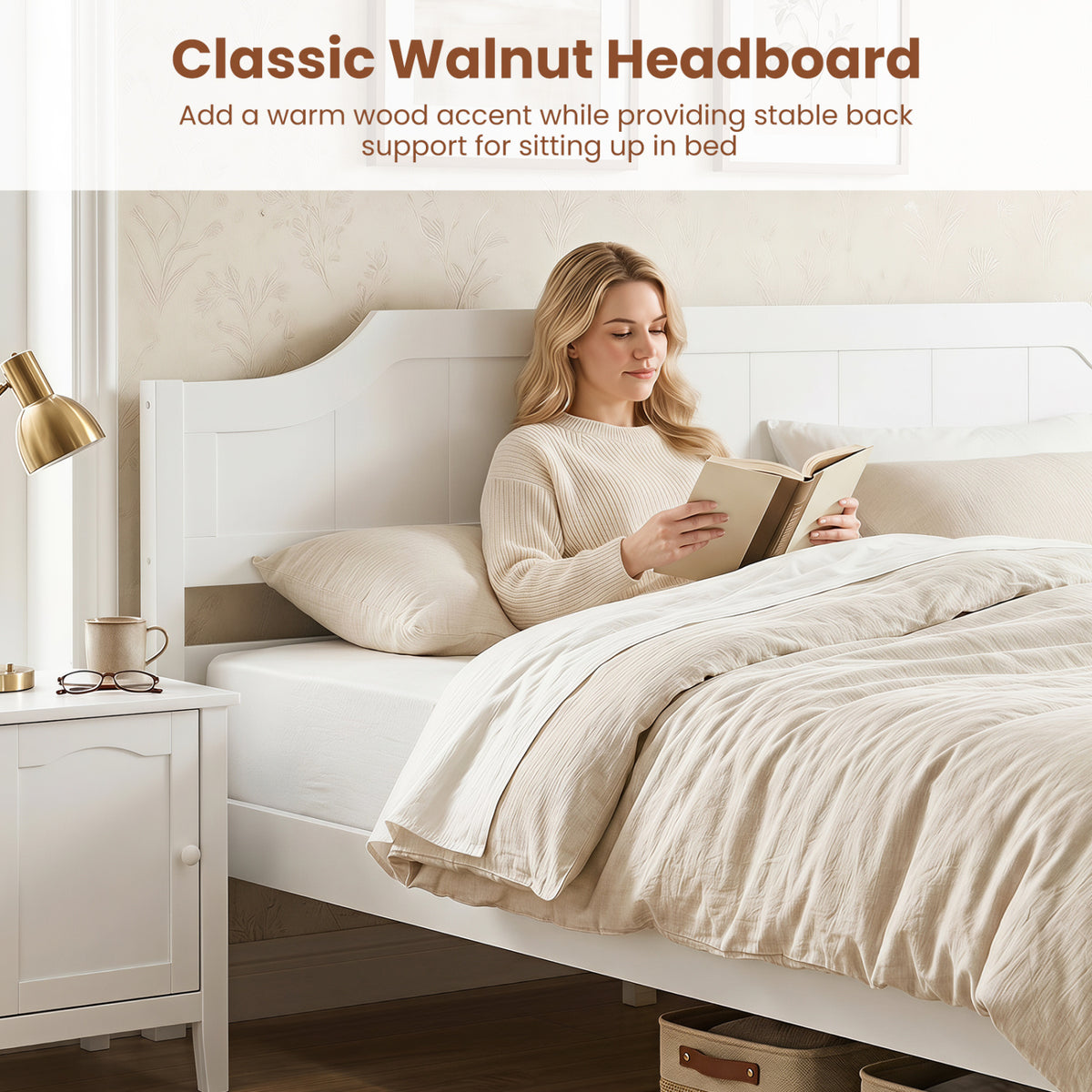 Multiple Size Solid Wood Platform Bed Frame with Headboard in White-King Size