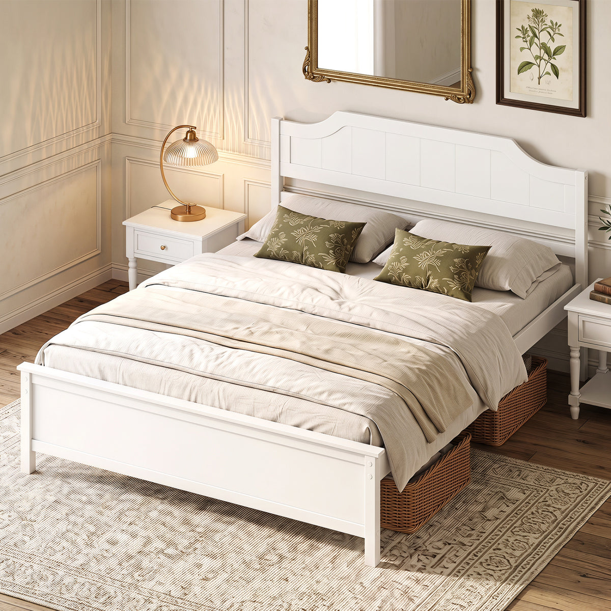 Multiple Size Solid Wood Platform Bed Frame with Headboard in White-Queen Size