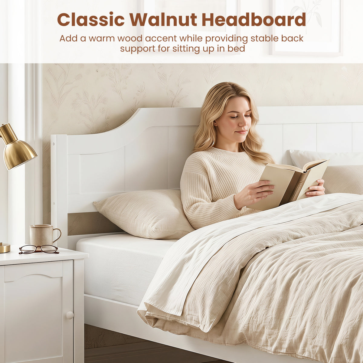 Multiple Size Solid Wood Platform Bed Frame with Headboard in White-Queen Size