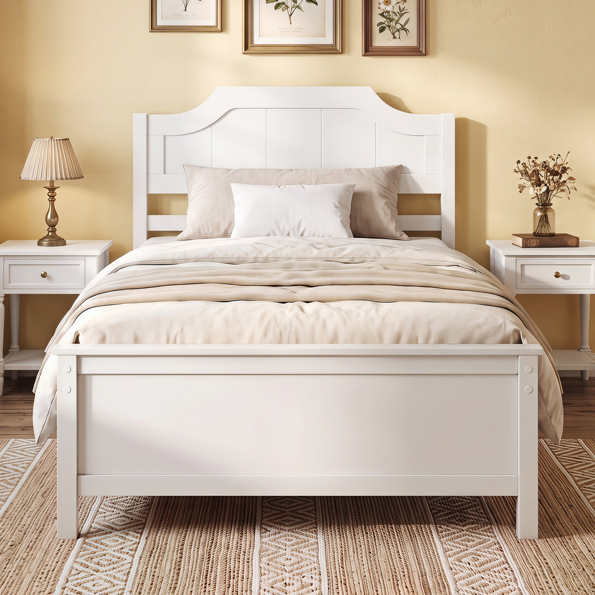 Multiple Size Solid Wood Platform Bed Frame with Headboard in White-Twin Size