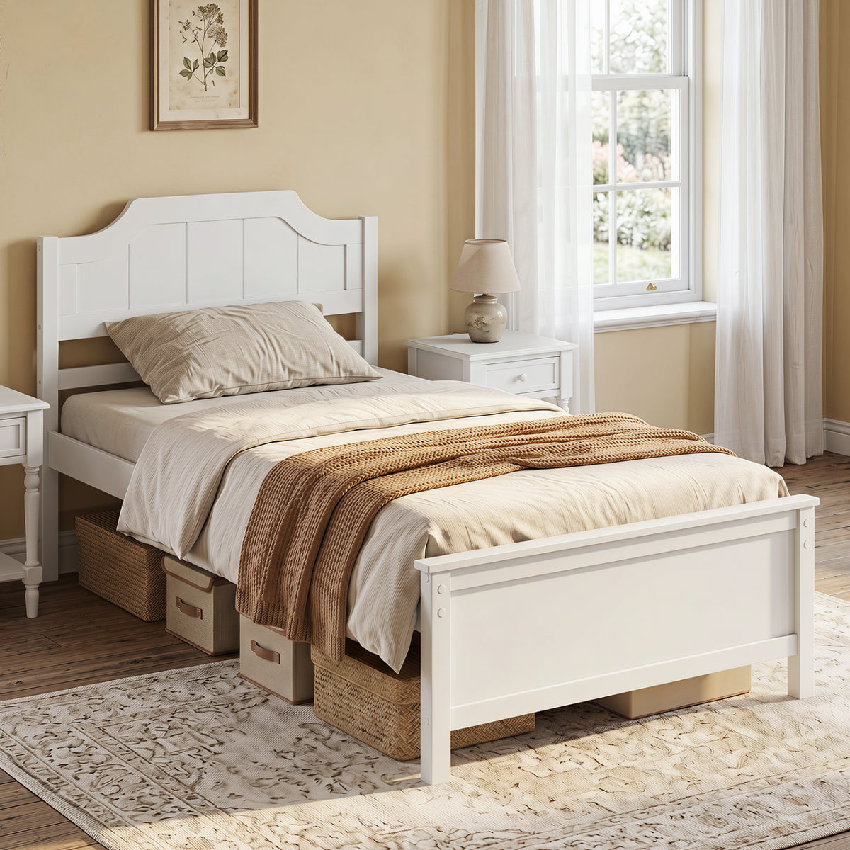 Multiple Size Solid Wood Platform Bed Frame with Headboard in White-Twin Size