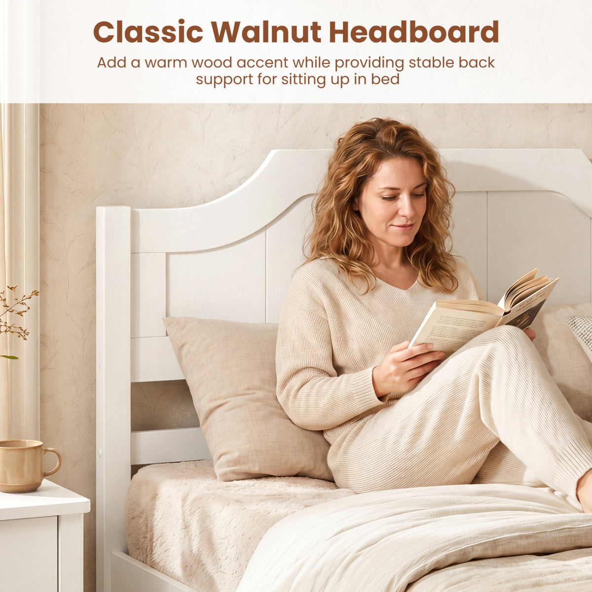 Multiple Size Solid Wood Platform Bed Frame with Headboard in White-Twin Size