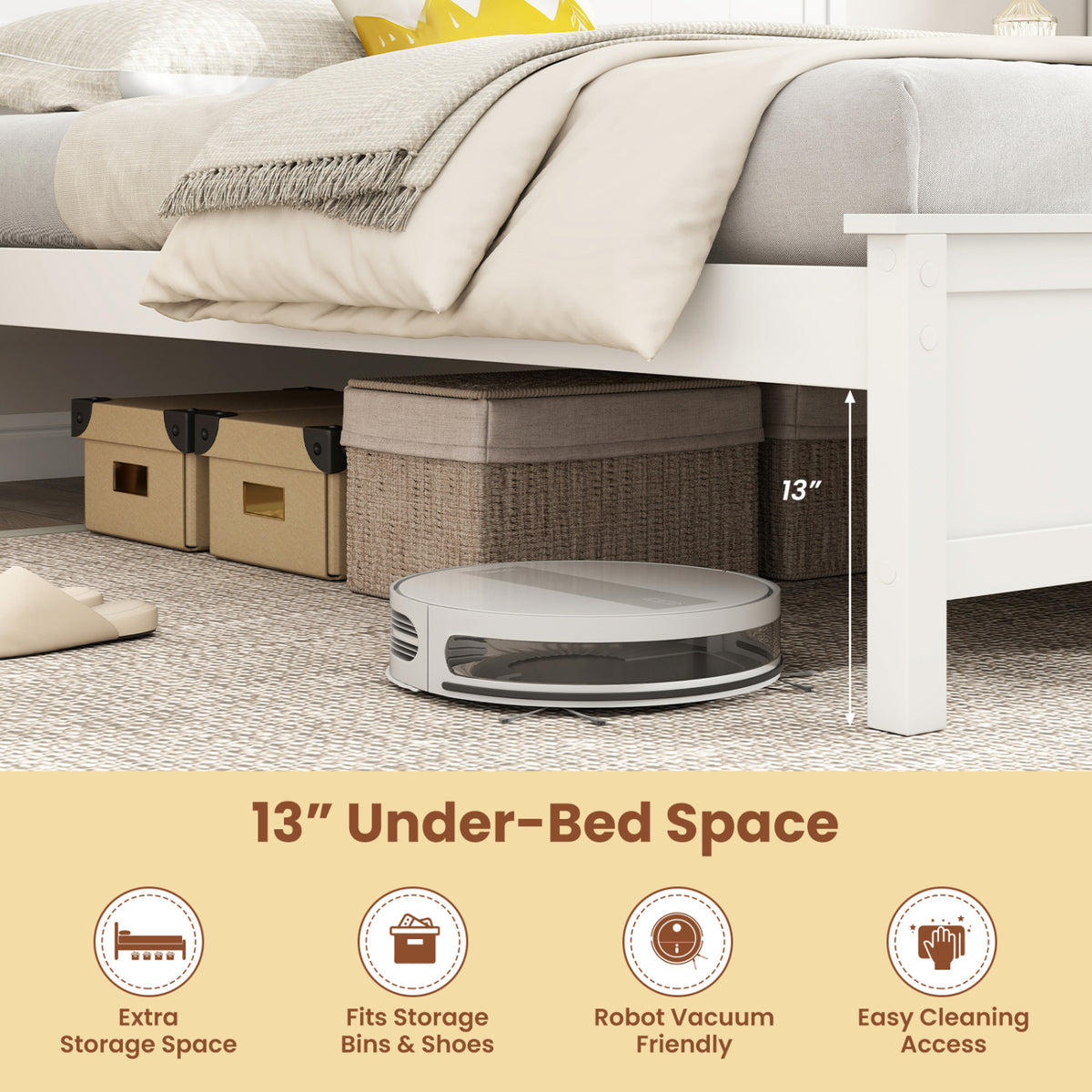 Multiple Size Solid Wood Platform Bed Frame with Headboard in White-Twin Size