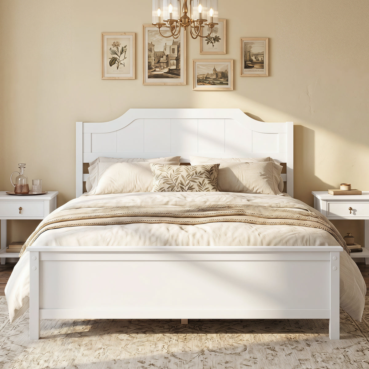 Multiple Size Solid Wood Platform Bed Frame with Headboard in White-Full Size