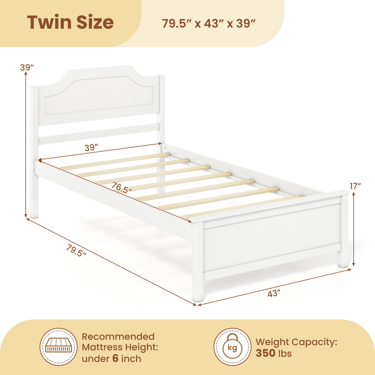 Multiple Size Solid Wood Platform Bed Frame with Headboard in White-Twin Size