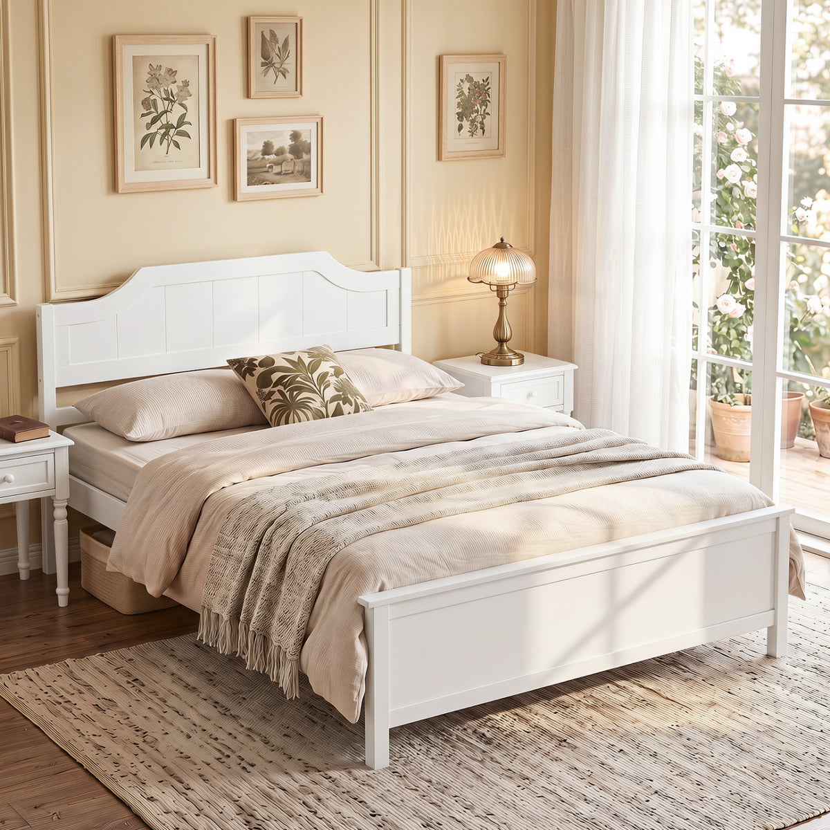 Multiple Size Solid Wood Platform Bed Frame with Headboard in White-Full Size