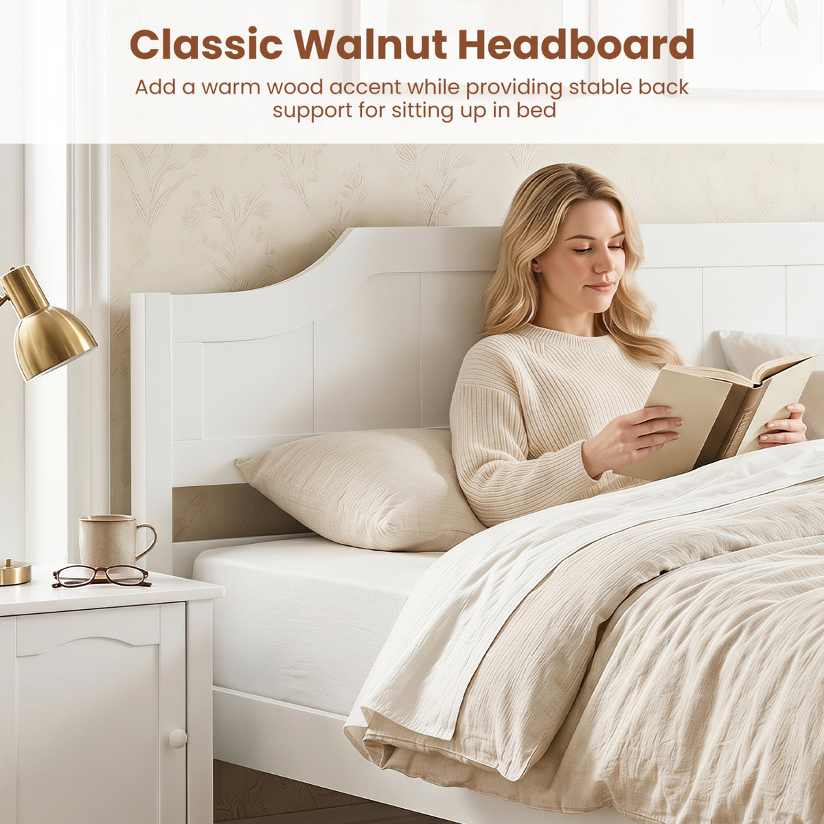 Multiple Size Solid Wood Platform Bed Frame with Headboard in White-Full Size