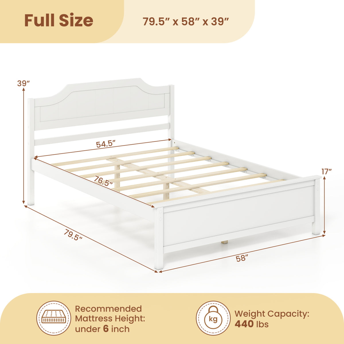 Multiple Size Solid Wood Platform Bed Frame with Headboard in White-Full Size