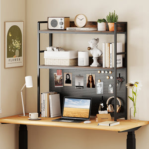 Multipurpose 2-Tier Desktop Bookshelf with Pegboard for up to 32 Inch Computer Monitor-Rustic Brown