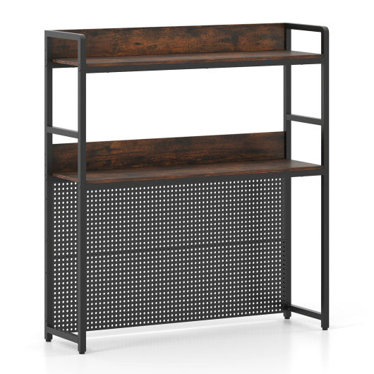 Multipurpose 2-Tier Desktop Bookshelf with Pegboard for up to 32 Inch Computer Monitor-Rustic Brown