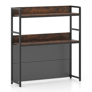 Multipurpose 2-Tier Desktop Bookshelf with Pegboard for up to 32 Inch Computer Monitor-Rustic Brown