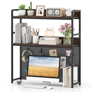 Multipurpose 2-Tier Desktop Bookshelf with Pegboard for up to 32 Inch Computer Monitor-Rustic Brown