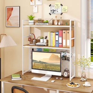 Multipurpose 2-Tier Desktop Bookshelf with Pegboard for up to 32 Inch Computer Monitor-Natural
