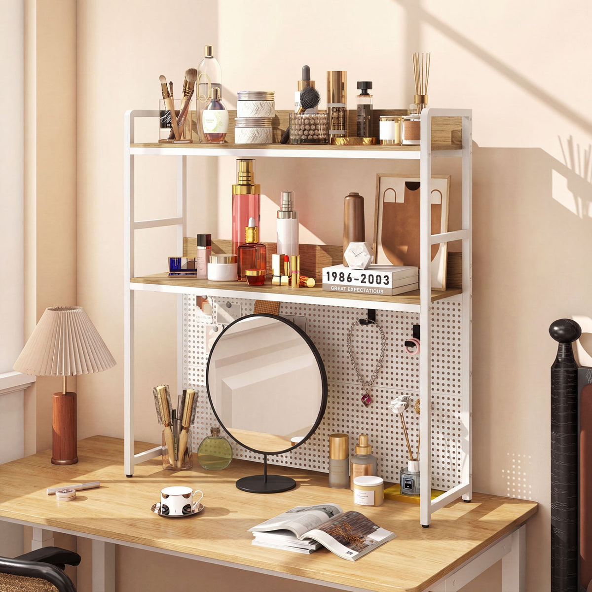 Multipurpose 2-Tier Desktop Bookshelf with Pegboard for up to 32 Inch Computer Monitor-Natural
