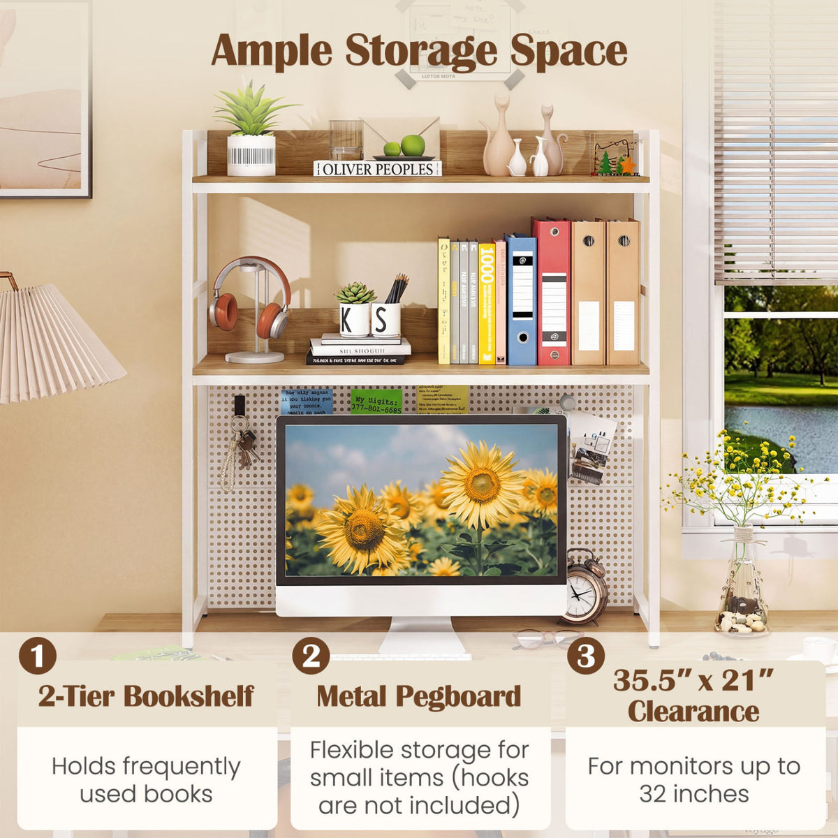Multipurpose 2-Tier Desktop Bookshelf with Pegboard for up to 32 Inch Computer Monitor-Natural