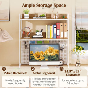 Multipurpose 2-Tier Desktop Bookshelf with Pegboard for up to 32 Inch Computer Monitor-Natural