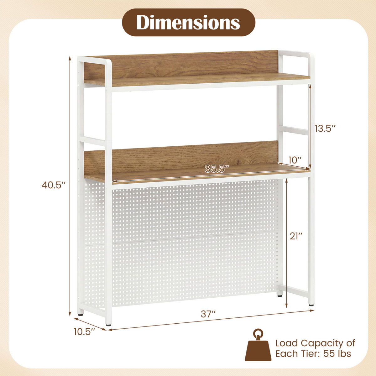 Multipurpose 2-Tier Desktop Bookshelf with Pegboard for up to 32 Inch Computer Monitor-Natural