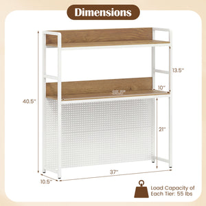 Multipurpose 2-Tier Desktop Bookshelf with Pegboard for up to 32 Inch Computer Monitor-Natural