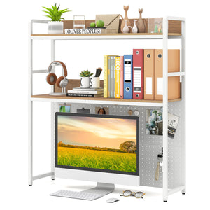 Multipurpose 2-Tier Desktop Bookshelf with Pegboard for up to 32 Inch Computer Monitor-Natural